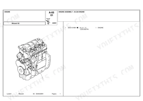 landini-blizzard-65-tractor-parts-catalog-3540030m1-engine-parts-50.webp Landini Blizzard 65 engine assembly diagram for A4.236 engine, parts list showing engine component 3553131M91.