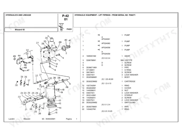 Landini Blizzard 65 exploded view of hydraulic lift pipings, pump, and filter components with corresponding parts list.