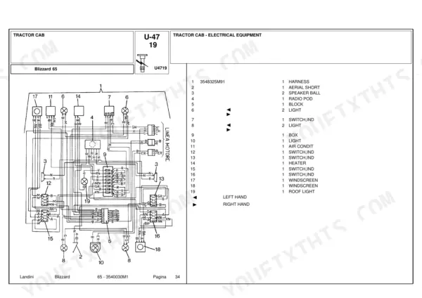Landini Blizzard 65 tractor cab electrical equipment wiring diagram and parts list for lights, switches, and heater components.