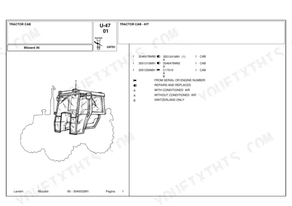 Landini Blizzard 85 tractor cab parts list and diagram showing cab assembly components and serial number references.