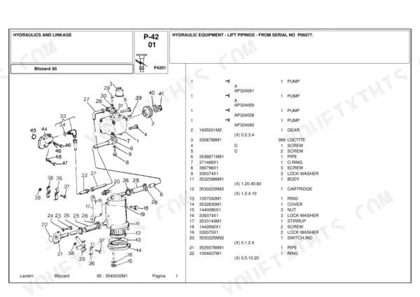 Landini Blizzard 85 exploded view of hydraulic lift piping, pump, and filter components with parts list and reference numbers.