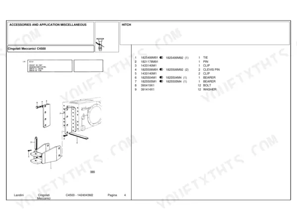 Landini C4500 parts diagram for hitch assembly, showing bearer, tie, pins, and hardware with corresponding part numbers.