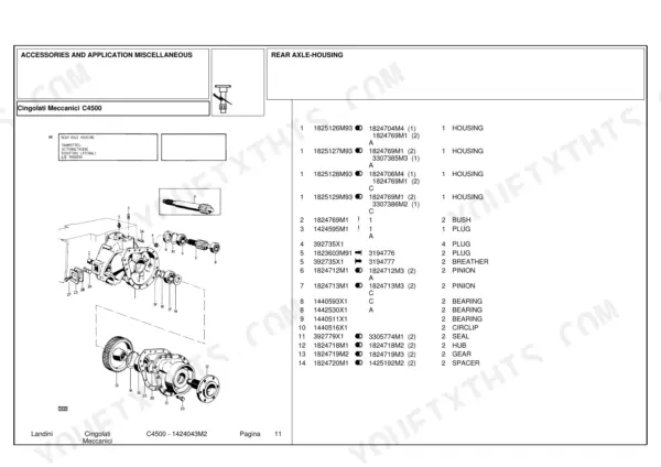 Landini C4500 exploded view parts diagram for rear axle housing, including pinion, gear, bearing, and seal components.