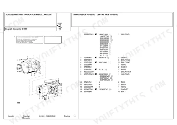 Landini C4500 exploded view of transmission housing and centre axle housing with parts list and reference numbers.