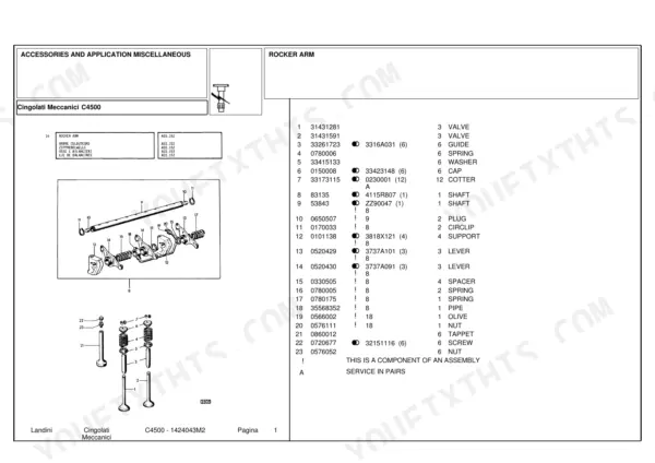 landini-c4500-crawler-tractor-parts-catalog-1424043m2-engine-parts-1.webp Landini C4500 exploded view parts diagram for rocker arm assembly, valves, springs, and tappets with numbered parts list.