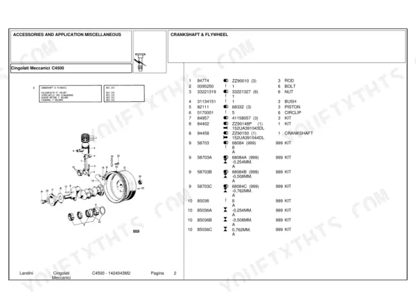 Landini C4500 exploded view diagram and parts list for crankshaft, flywheel, piston, and connecting rod assembly.