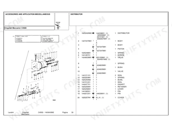 Landini C4500 exploded view of hydraulic control valve distributor parts list with component reference numbers.