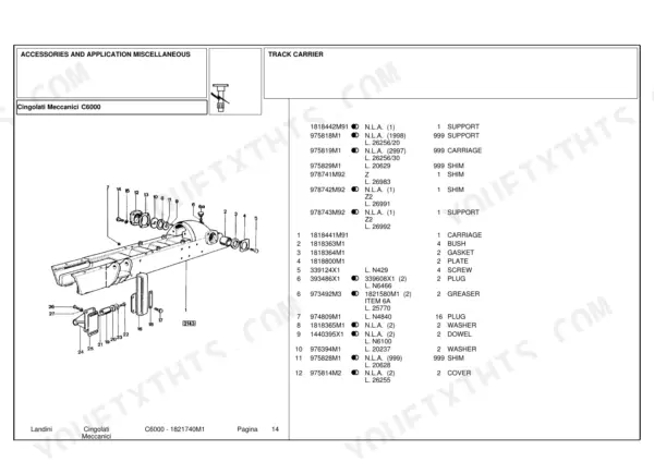 Landini C6000 exploded view diagram and parts list for track carrier components including carriage, bush, and shims.