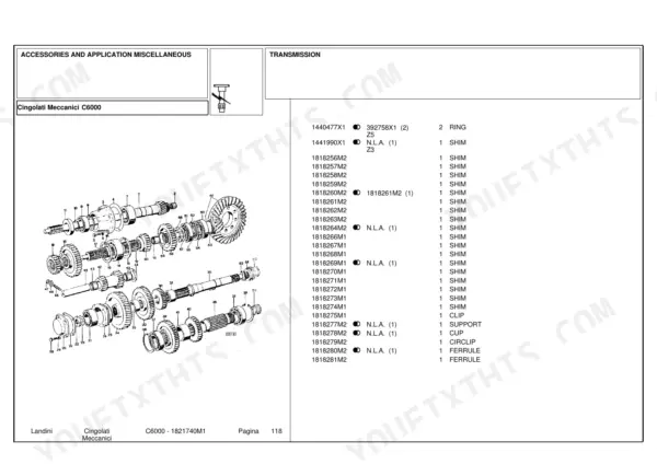 Landini C6000 transmission exploded view diagram and parts list for shims, rings, and ferrules.