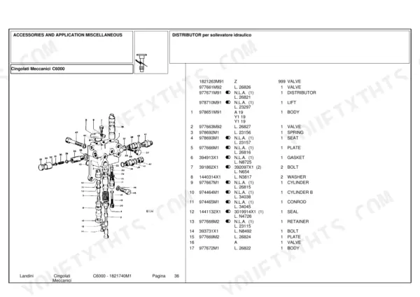 Landini C6000 hydraulic lift distributor exploded view diagram and parts list with reference numbers for service repair.