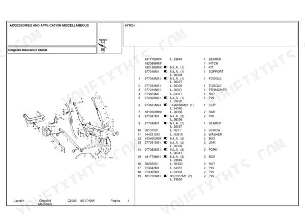 Landini C6000 parts list and exploded view diagram of the hitch assembly with numbered components and reference table.