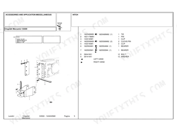Landini C6500 hitch parts diagram and component list including tie, pin, clip, clevis pin, bearer, bolt, and washer.