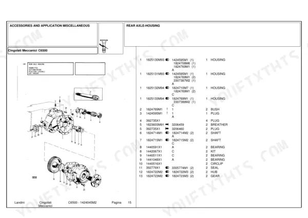 Landini C6500 exploded view parts diagram and list for the rear axle housing, including shafts, bearings, and seals.