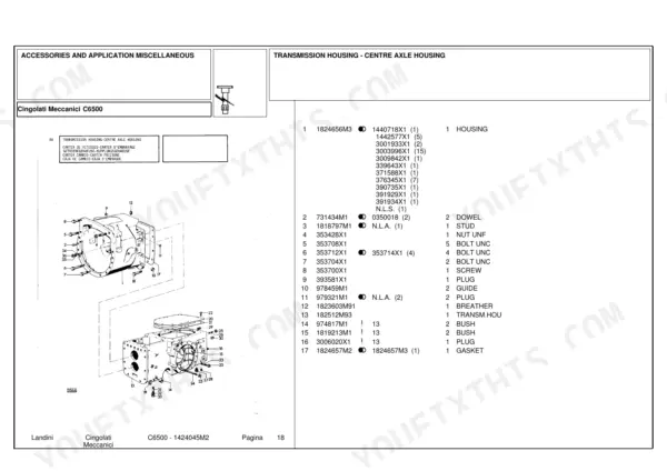 Landini C6500 parts diagram for transmission housing and centre axle housing with numbered component list.
