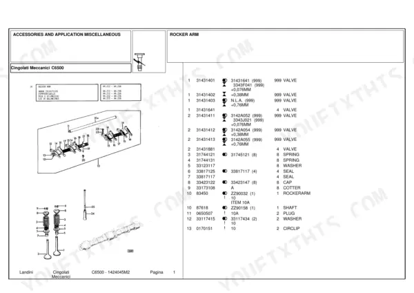 landini-c6500-crawler-tractor-parts-catalog-1424045m2-engine-parts-1.webp Landini C6500 exploded view diagram and parts list for rocker arm assembly, valves, springs, and cylinder head components.