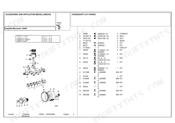 Landini C6500 exploded view parts diagram for crankshaft, flywheel, pistons, and connecting rods with reference table.