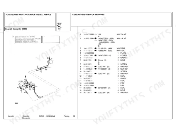 Landini C6500 parts list and exploded view diagram for auxiliary hydraulics valve and pipes, page 38.