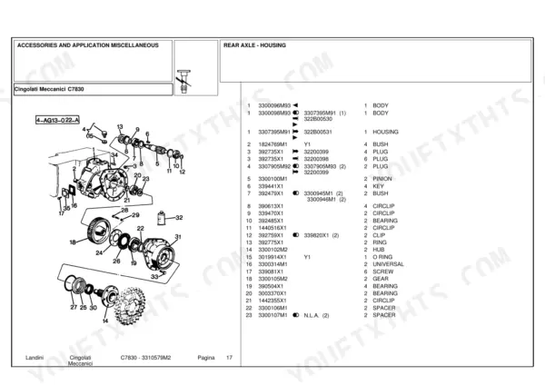 Landini C7830 exploded view of rear axle housing components with parts list including gears, bearings, and circlips.