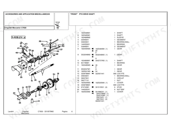 Landini C7830 exploded view diagram and parts list for the front PTO drive shaft assembly with numbered components.