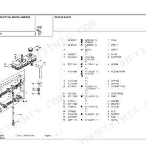 Landini C7830 exploded view of rocker shaft assembly, valve cover, and associated engine components with parts list.