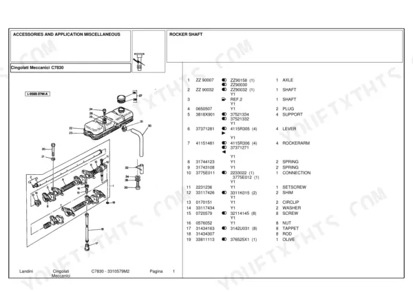 landini-c7830-crawler-tractor-parts-catalog-3310579m2-engine-parts-1.webp Landini C7830 exploded view of rocker shaft assembly, valve cover, and associated engine components with parts list.
