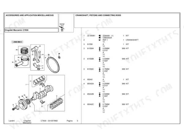 Landini C7830 parts catalog page showing exploded view of crankshaft, pistons, and connecting rods with part numbers.