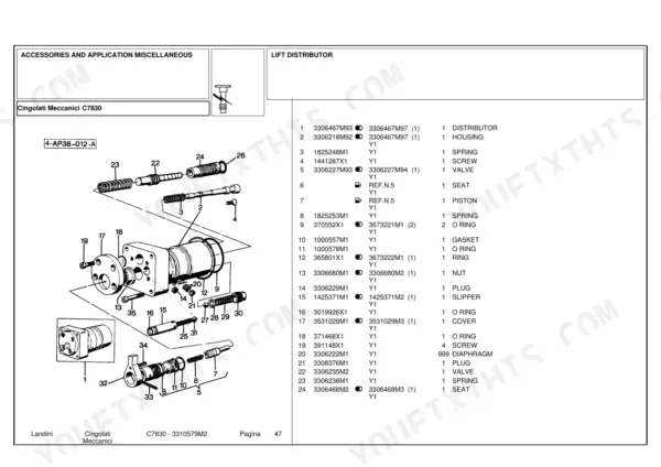Landini C7830 exploded view of lift distributor hydraulic components with numbered parts list and reference numbers.