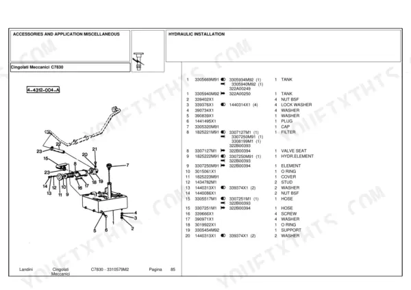 Landini C7830 hydraulic installation exploded view diagram and parts list for tank, filter, and hose components.