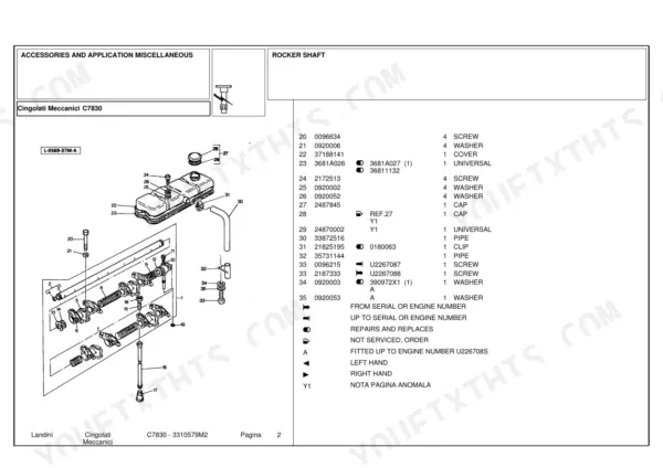 Landini C7830 exploded view parts list for rocker shaft assembly, including valve cover, screws, washers, and pipes.