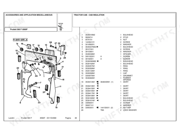 Landini Frutteti 560 F, 8560F exploded view diagram and parts list for tractor cab insulation and bulkhead components.