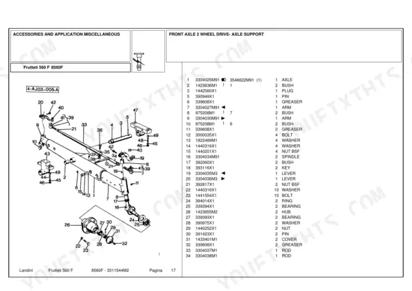 Landini Frutteti 560 F, 8560F exploded view of 2WD front axle and axle support with parts list and reference numbers.