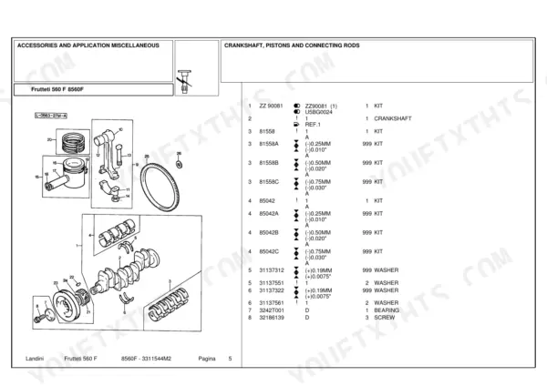 landini-frutteti-560-f-8560f-tractor-parts-catalog-3311544m2-engine-parts-5.webp Landini Frutteti 560 F, 8560F parts list for crankshaft, pistons, and connecting rods with exploded view diagram.