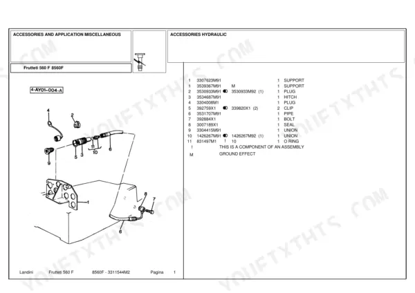 Landini Frutteti 560 F, 8560F exploded view of hydraulic accessories, including hitch, plugs, pipes, and union parts list.