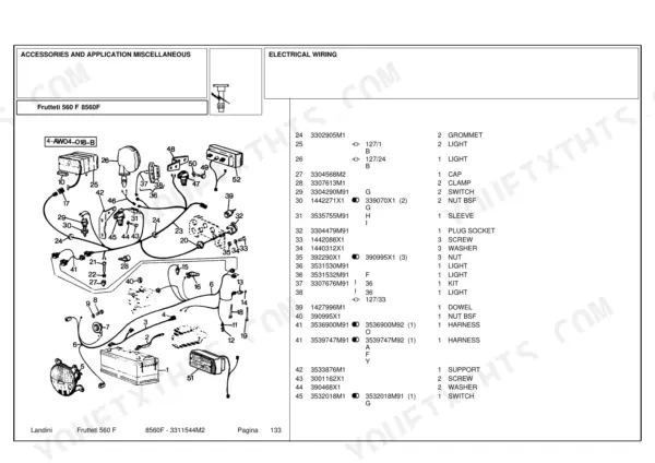 Landini Frutteti 560 F, 8560F electrical wiring parts figure and parts list for lights, switches, and harness components.