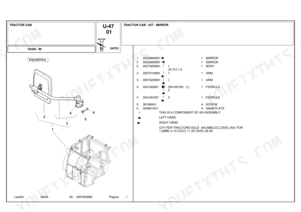 Landini Ghibli 90 tractor cab mirror kit parts diagram and list showing mirror, arm, ferrule, screw, and nameplate components.