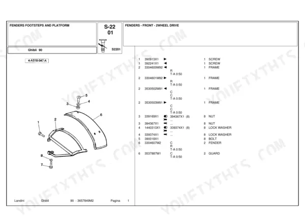 Landini Ghibli 90 exploded view of front 2WD fenders, footsteps, and platform components with parts list table.
