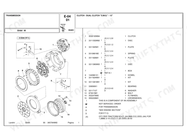 Landini Ghibli 90 exploded view of the 12-inch dual clutch assembly, including discs, plates, flywheel, and hardware parts list.