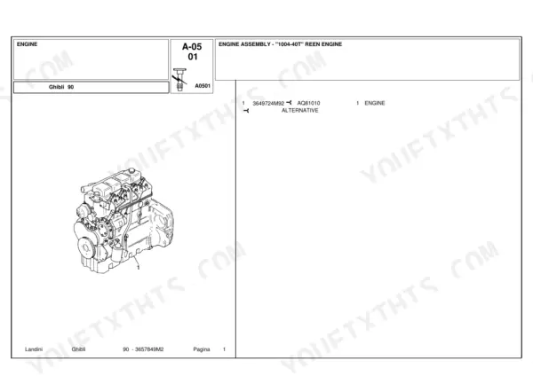 landini-ghibli-90-tractor-parts-catalog-3657849m2-engine-parts-58.webp Landini Ghibli 90 engine assembly 1004-40T parts diagram showing engine block and components.