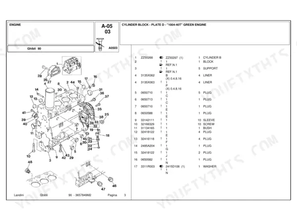 Landini Ghibli 90 engine parts diagram showing 1004-40T cylinder block components, liners, and plugs with reference table.