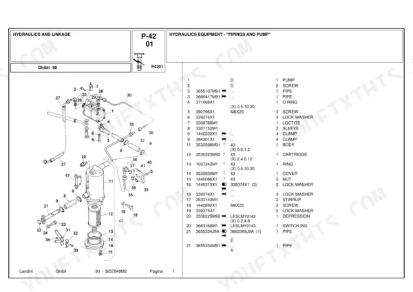 Landini Ghibli 90 exploded view of hydraulic pump, piping, and filter assembly with corresponding parts list.