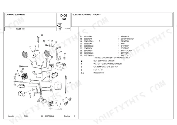 Landini Ghibli 90 front electrical wiring diagram and parts list for lighting equipment and sensors.