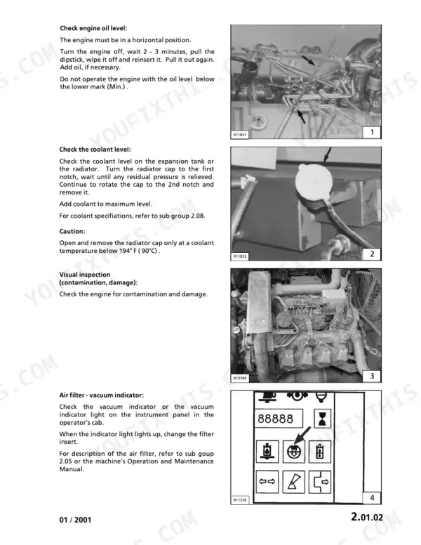 Liebherr D 9306, D 9308, D 9406, D 9408 engine maintenance procedures for oil, coolant, visual inspection, and air filter indicator.