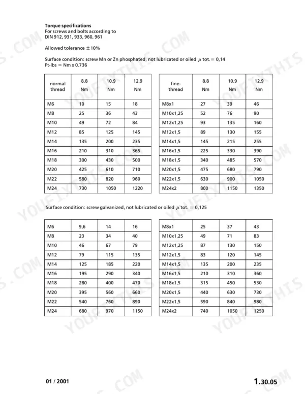 Liebherr D 9306, D 9308, D 9406, D 9408 torque specification tables for normal and fine thread screws by grade and size.