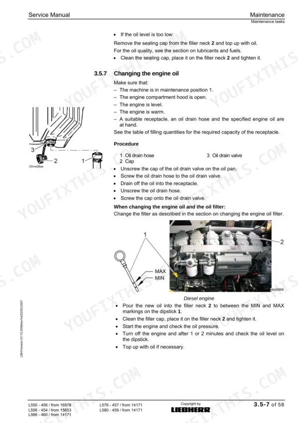 Liebherr L550, L556, L566, L576, L580 engine oil change procedure, oil drain valve diagram, and dipstick oil level check guide.