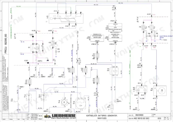 liebherr-l550-variants-wheel-loader-service-manual-1035-3357-wiring-407.webp Liebherr L550, L556, L566, L576, L580 wiring diagram showing ignition lock, batteries, generator, and main fuse electrical circuits.