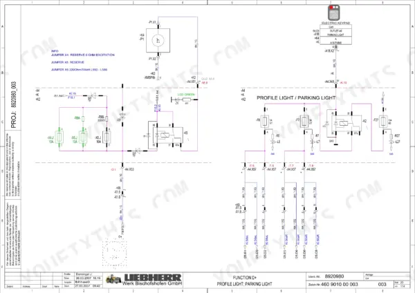 Liebherr L550, L556, L566, L576, L580 wiring diagram for profile light, parking light, and electric keypad circuits.
