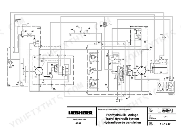 Liebherr L551 travel hydraulic system schematic diagram showing pumps, valves, and fluid flow paths for service manual.