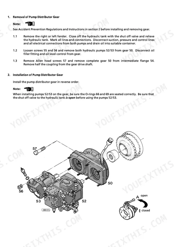 Liebherr L551 pump distributor gear removal and installation procedure with exploded view diagram of hydraulic pumps 52 and 53.
