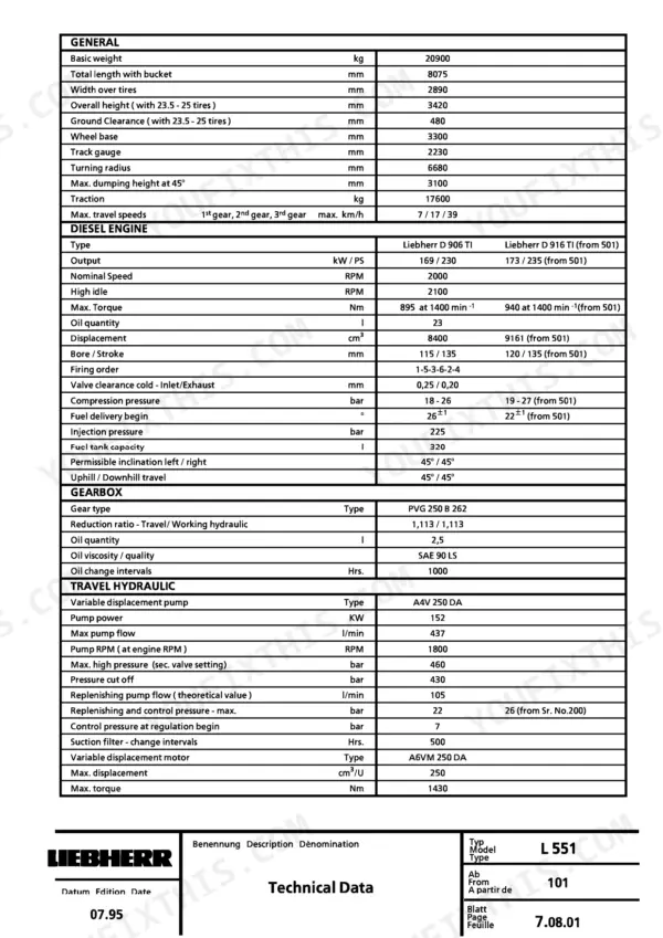 Liebherr L551 technical data table including engine, gearbox, and travel hydraulic specifications.