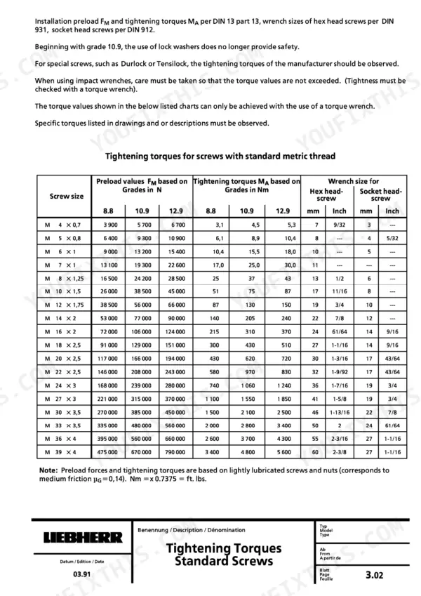 Liebherr L551 service manual table of standard metric screw tightening torques, preload values, and wrench sizes for grades 8.8, 10.9, 12.9.